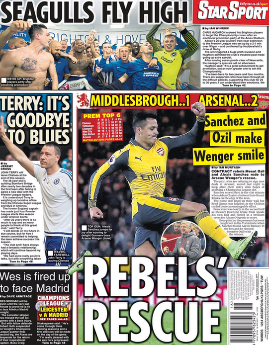 Arsenal's win at Middlesbrough dominates the back page of the Daily Star