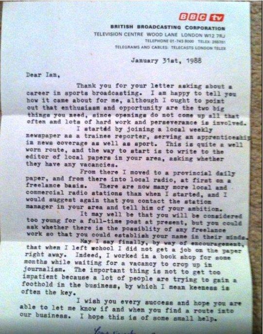 Ian Dennis letter from John Motson