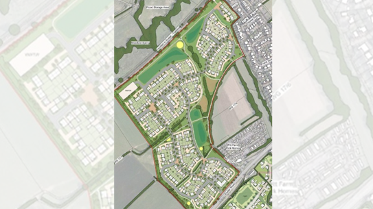 Plan of the proposed site including buildings, roads, paths and tree lines