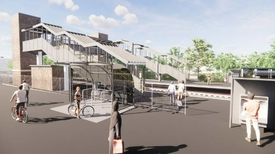 A CGI of what the North Filton station could look like, with a pedestrian bridge over the two platforms, passengers and a bicycle parking area