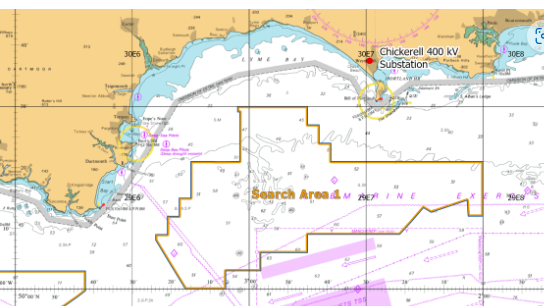 A map shows "Search Area 1", outlining an area south of Lyme Bay where the wind turbines might be situated