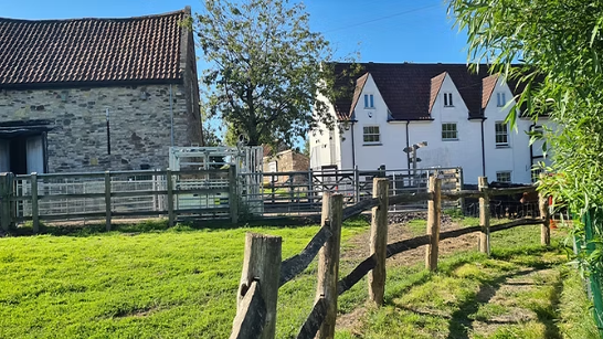 A simple wooden fence divides a green field at Grimsbury Farm in Bristol. There are two farm buildings in the distance with a tree between them.   
