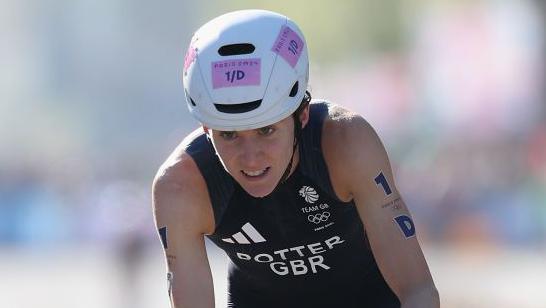 Britain's Beth Potter during the bike leg of the Olympic triathlon in Paris in 2024