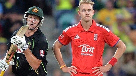 A frustrated England captain Stuart Broad as Australia opener Cameron White (left) piles on the runs