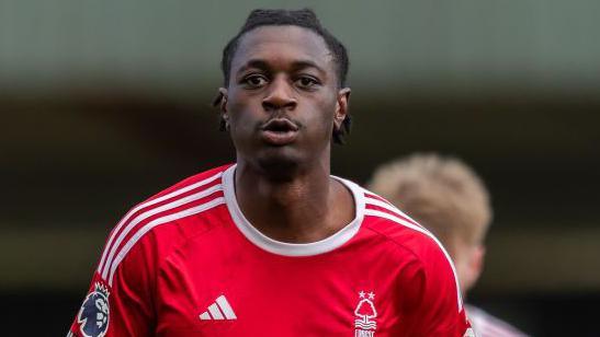 Detlef Esapa Osong of Nottingham Forest celebrates scoring the second goal of the game at Impact Arena on April 19, 2024 in Nottingham, England.