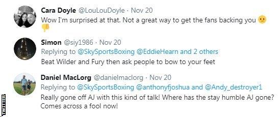 Twitter reaction to comments made by Anthony Joshua