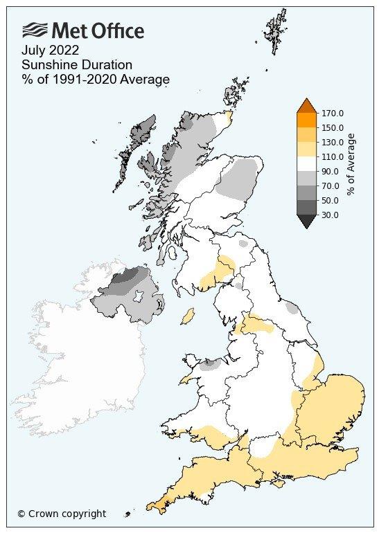 Northern Ireland also had its seventh dullest July on record, according to the Met Office