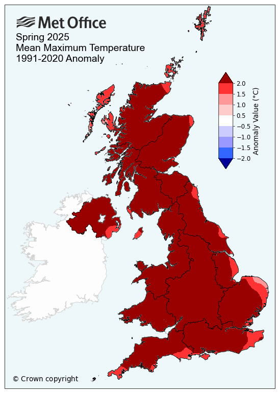 Map of UK coloured deep red with patches of lighter red. According to the key, red represents temperatures above the average.