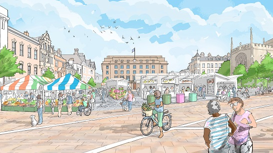 An artist's impression of what Cambridge's market could look like under the new plans. Stalls can be seen set up with people walking around them. Birds can be seen flying overhead while buildings including the Guildhall are in the distance.