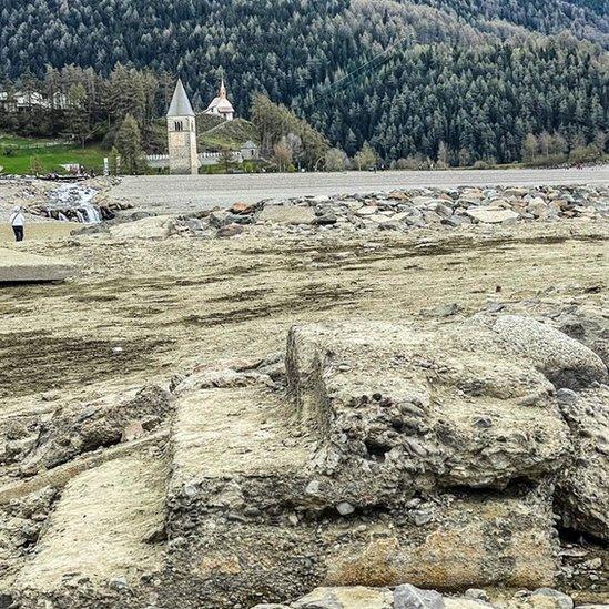 Steps at the previously submerged village of Curon, Italy