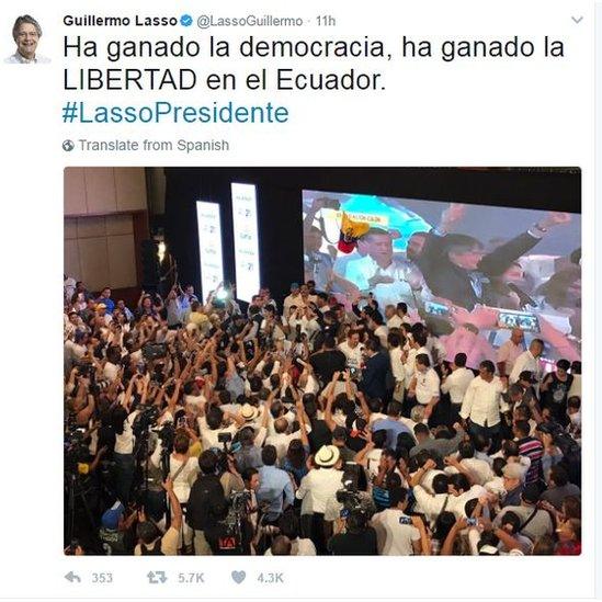 Tweet by Guillermo Lasso reading: "Democracy has won, FREEDOM has won in Ecuador. #LassoPresidente"