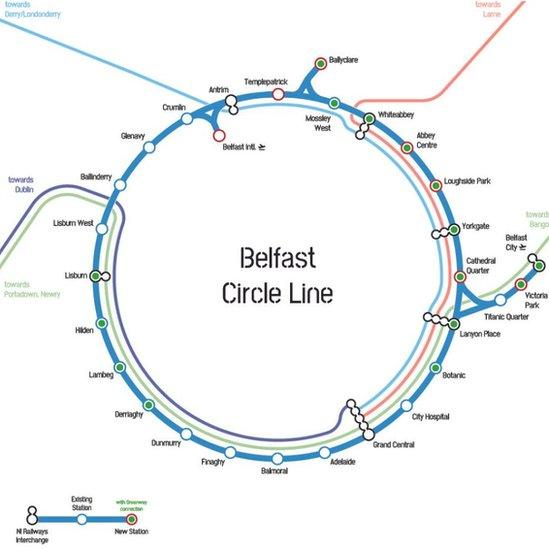 A map of the proposed Belfast Circle Line rail route