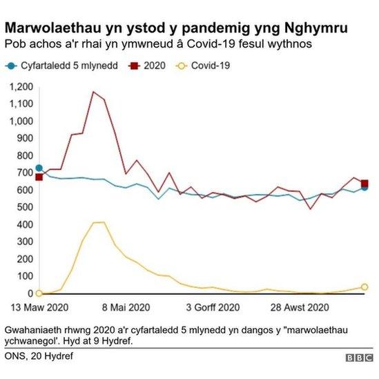 Graff marwolaethau ers dechrau'r pandemig