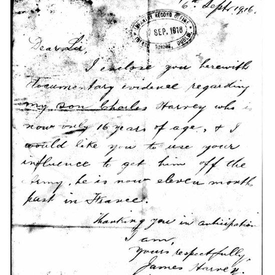 Letter from James Harvey to the Infantry Record Office in Dublin