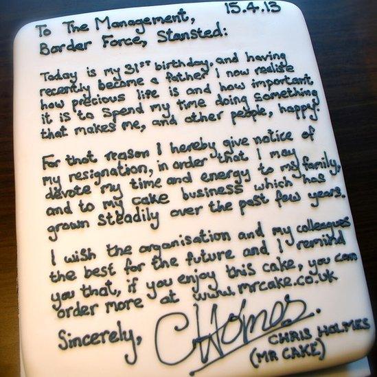 resignation cake baked by Chris Holmes.