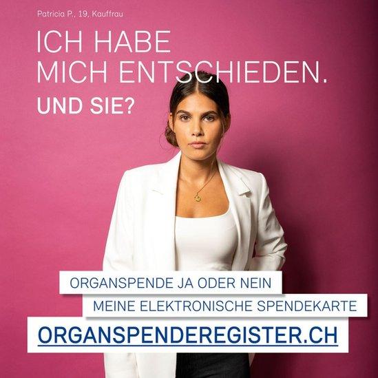 An ad showing Patricia, highlighting Switzerland's online donor register