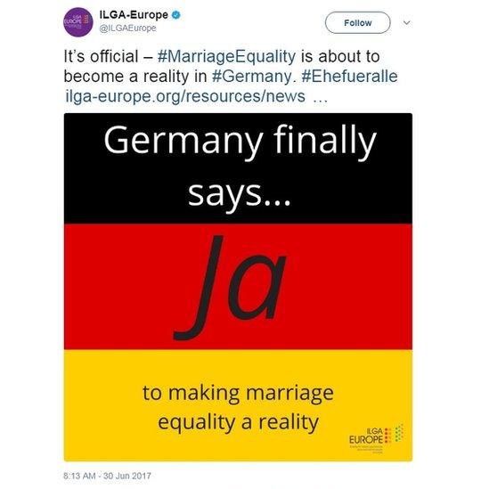 It’s official – #MarriageEquality is about to become a reality in #Germany. #Ehefueralle https://www.ilga-europe.org/resources/news/latest-news/germany-marriage-equality …