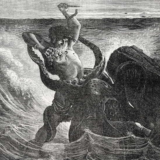 Toilers of the Sea inspired image of fisherman fighting a giant octopus