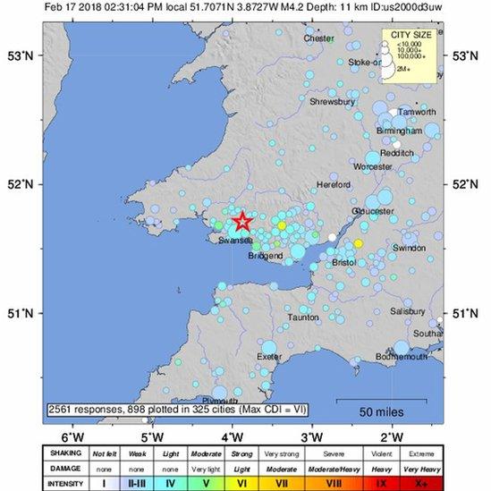 A map showing the shake levels across the country, by the US Geological Survey