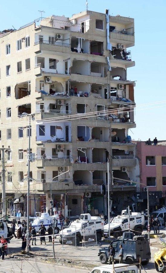 Damaged building in Turkey's Diyarbakir after a bomb blast on 4 November 2016