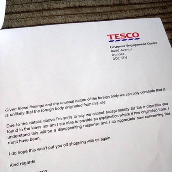 Tesco say it is highly unlikely the e-cigarette originated from the box of chicken kievs