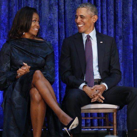 Former US President Barack Obama and former first lady Michelle Obama at the unveiling of their portraits at the Smithsonian's National Portrait Gallery in Washington