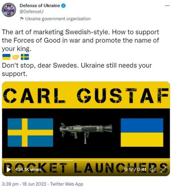 Defense of Ukraine - video tweet thanking Sweden