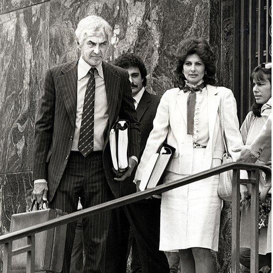 DeLorean and his wife outside the court during his trial for drug trafficking