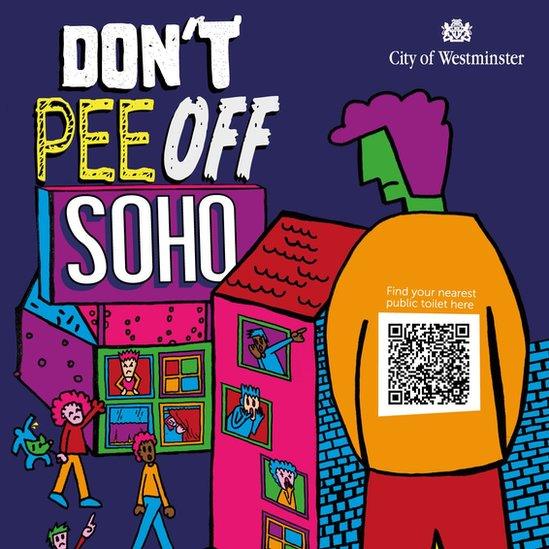 A colourful campaign poster featuring the QR code and the slogan 'don't pee off Soho'