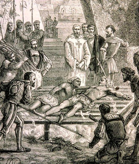 Engraving from 1800 showing torture of Cuauhtemoc in Mexico