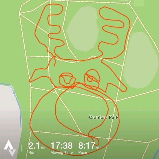 A drawing of a Rudolph the red nosed reindeer using Strava app