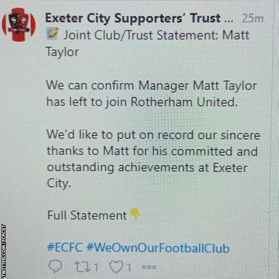 Exeter City Supporter's Trust tweet