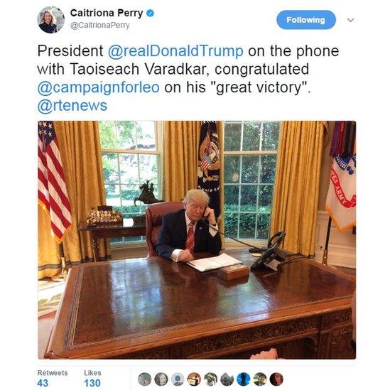 President @realDonaldTrump on the phone with Taoiseach Varadkar, congratulated @campaignforleo on his "great victory". @rtenews