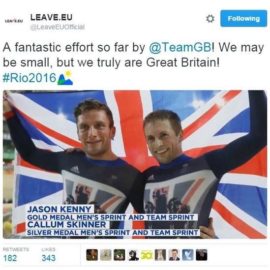 Tweet by Leave.EU praising Team GB