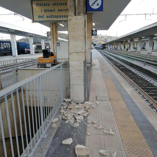 Rubble inside the railway station after an earthquake in Ancona, Italy, 09 November 2022. A strong earthquake off the Adriatic coast near Pesaro