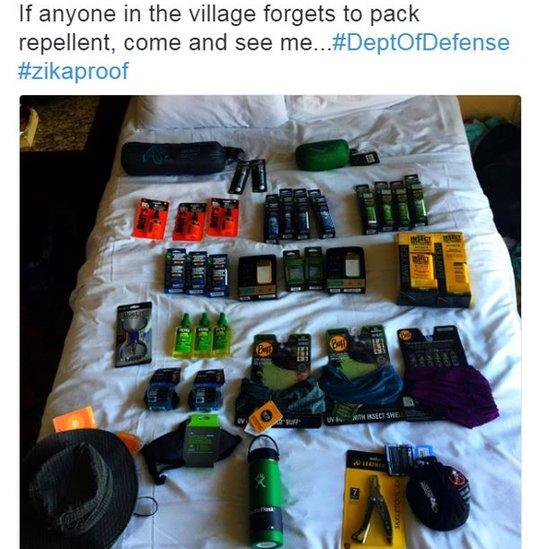 Screengrab of picture posted by Hope Solo on Twitter showing bottles of mosquito repellent