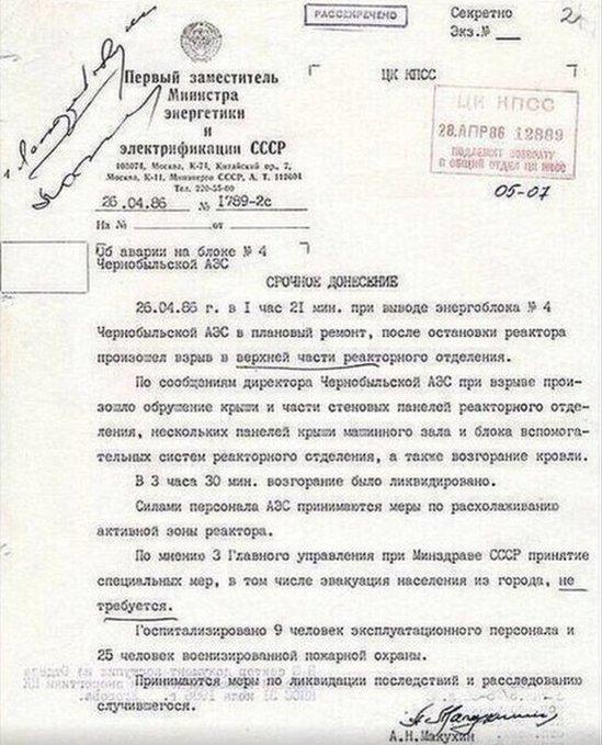 Letter from Soviet deputy energy minister A.N. Makukhin detailing the damage to the Chernobyl reactor but saying that no evacuation of the nearby town of Pripyat was necessary