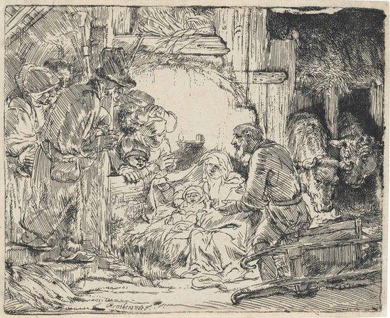 An etching by Rembrandt called The Adoration of the Shepherds