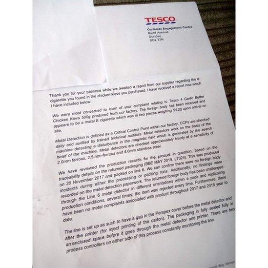 One of the letters the family received from Tesco after complaining they had found an e-cigarette in a box of chicken kievs