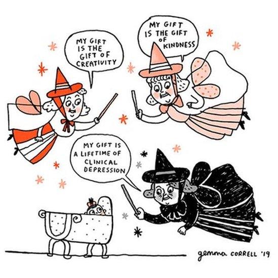 Gemma Correll's version of Sleeping Beauty see three fairies giving baby Aurora a gift - one of them, wearing black, is seen giving her the gift of a lifetime of clinical depression