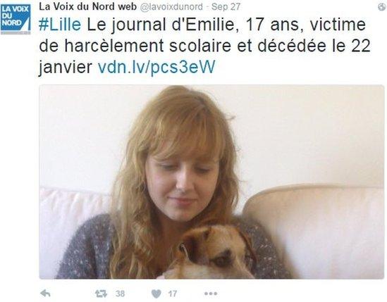 Tweet from La Voix du Nord with a picture of Emilie