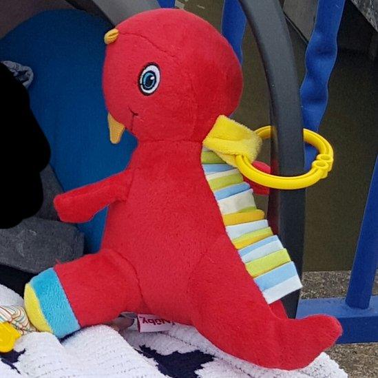 The red toy dinosaur that belonged to the baby