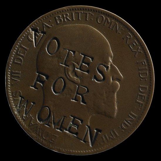 A defaced ‘Votes for Women’ coin in the collection of the British Museum