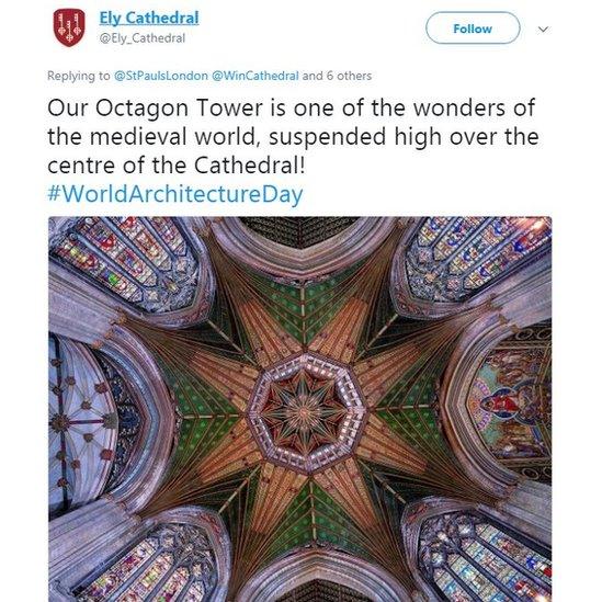 Ely Cathedral: Our Octagon Tower is one of the wonders of the medieval world, suspended high over the centre of the Cathedral! #WorldArchitectureDay