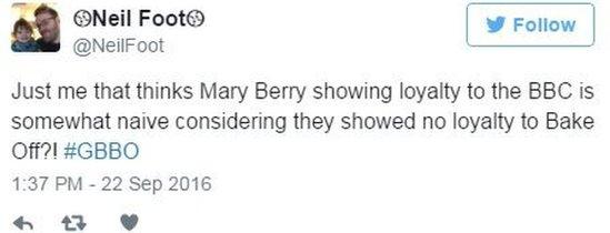 Just me that thinks Mary Berry showing loyalty to the BBC is somewhat naive considering they showed no loyalty to Bake Off?! #GBBO