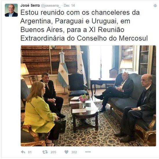 Jose Serra tweets: "I'm meeting the foreign ministers of Argentina, Paraguay and Uruguay in Buenos Aires for the 11th extraordinary meeting of the Mercosur council.