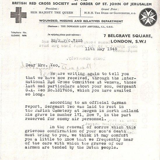 Copy of British Red Cross letter to Mrs Yeo