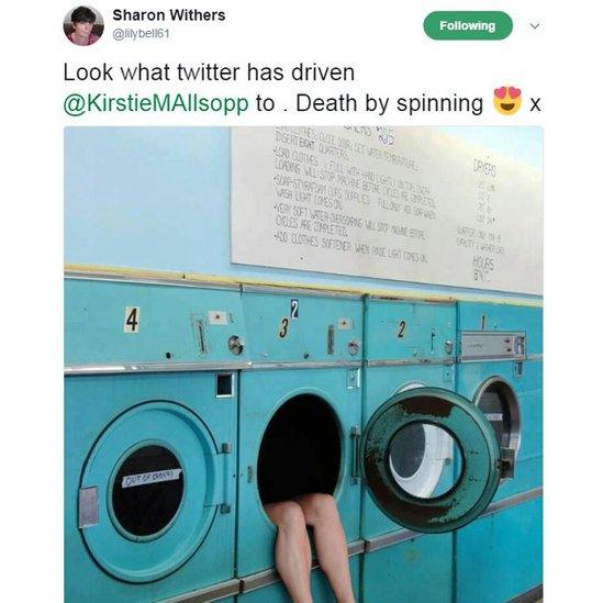 Sharon Withers on Twitter: "Look what twitter has driven @KirstieMAllsopp to. Death by spinning," with image of legs hanging limply out of a washing machine