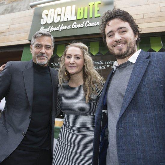 George Clooney with Social Bite owners Alice Thompson and Josh Littlejohn