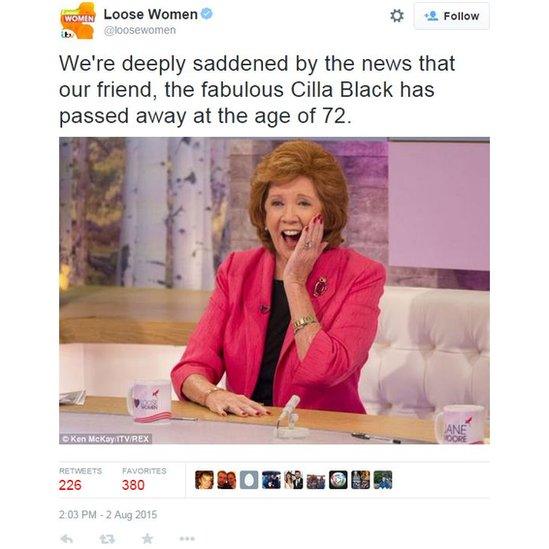 Loose Women Twitter tribute to Cilla Black